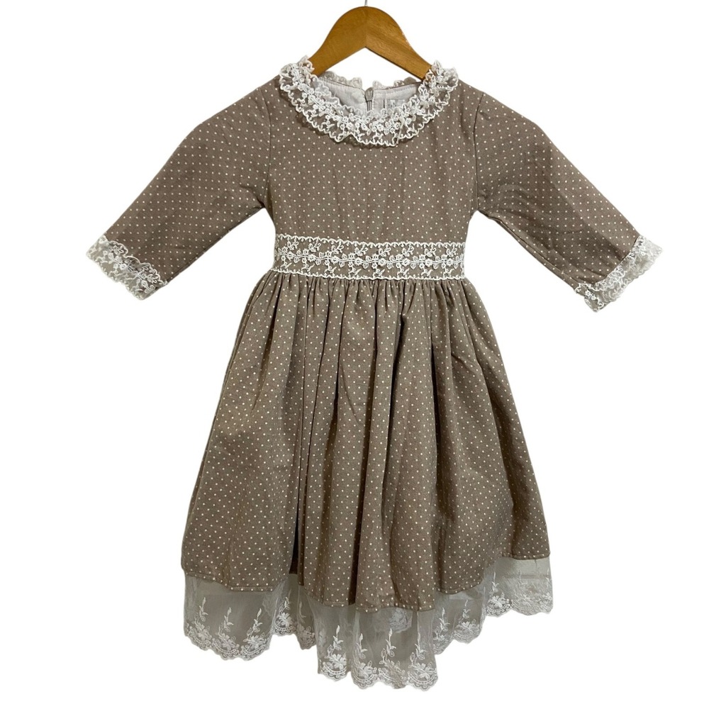 Trish Scully NEW Girls Taupe Polka Dot Lace Prairie Cottagecore Dress Size 7